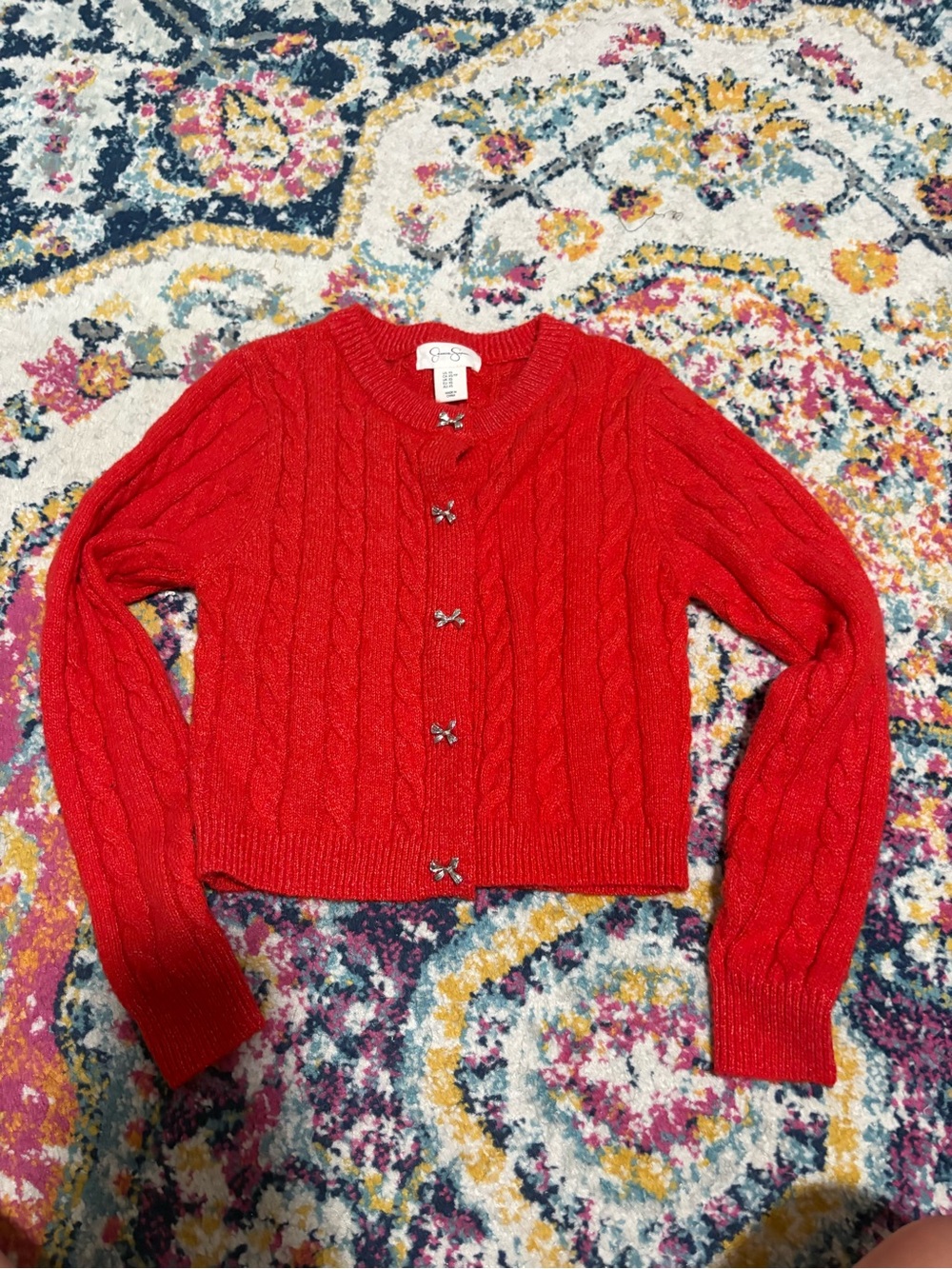 Jessica Simpson Red Cable-Knit Cardigan with Bow Button Details
